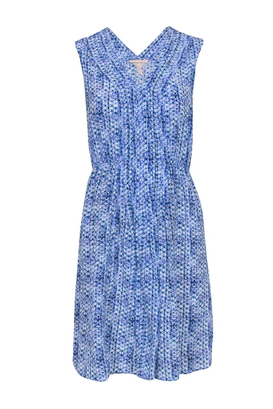 Rebecca Taylor - Blue Geometric Printed Silk A-Line Dress w/ Pleats Sz 0 Elegant unclassified dresses