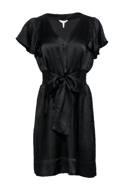 Rebecca Taylor - Black Textured Silk Dress w/ Ruffle Sleeves & Cinch Waist Sz 12 Fashionable unclassified dresses