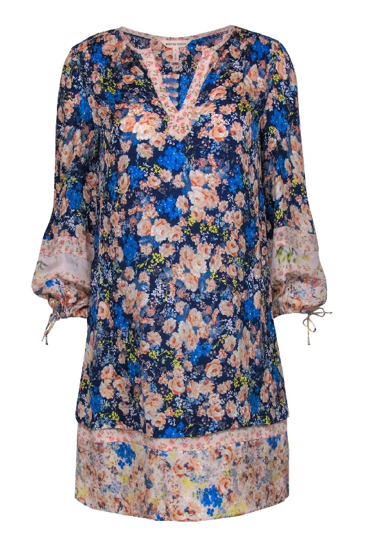 Rebecca Taylor - Blue & Pink Rose Printed Textured Shift Dress Sz 6 Monochrome unclassified dresses