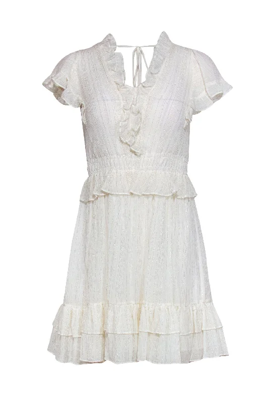 Rebecca Taylor - White Ruffle Cap Sleeve Fit & Flare Dress w/ Metallic Threading Sz XS Long unclassified dresses