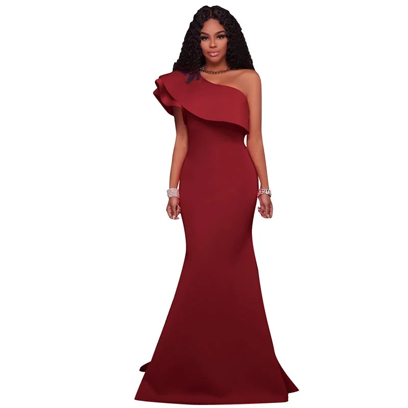 Red Single Sleeve Ponti Gown #Red #Evening Dress Ruffled unclassified dresses