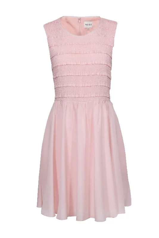 Reiss - Light Pink Smocked & Ruffled Sleeveless Fit & Flare Dress Sz 12 A-line unclassified dresses