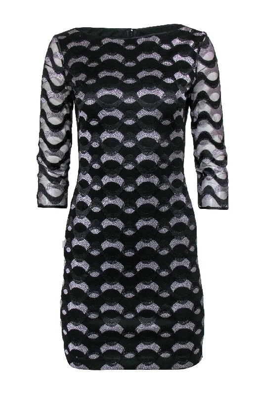 Reiss - Black & Silver Embroidered Sheath Dress w/ Mesh Sleeves Sz 2 Fashionable unclassified dresses