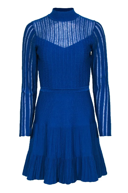 Reiss - Blue Mock Neck Ribbed Fit & Flare Dress w/ Flounce Hem Sz S Cotton unclassified dresses