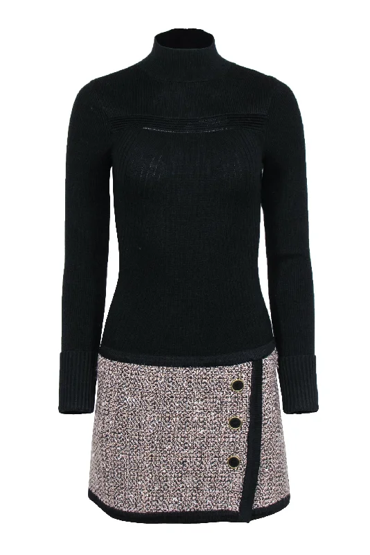 Reiss - Black Ribbed Knit Drop Waist Dress w/ Tweed Sz S Tiered unclassified dresses