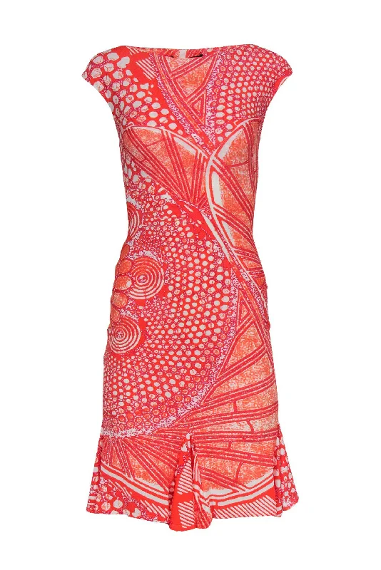 Roberto Cavalli - Orange Abstract Printed Sheath Dress w/ Pleated Hem Sz 6 Discounted unclassified dresses