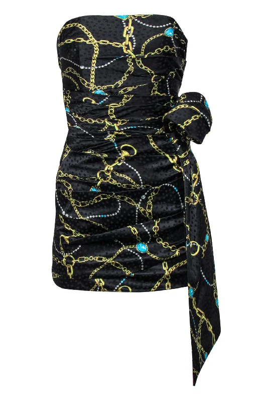 Ronny Kobo - Black & Gold Chain & Jewel Print Strapless Dress w/ Bow Sz S Monochrome unclassified dresses