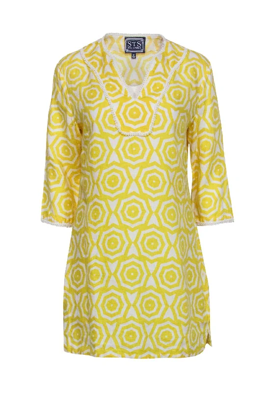 Sail to Sable - Yellow & White Patterned Linen Shift Dress Sz M Fall unclassified dresses