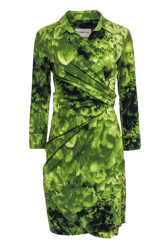 Samantha Sung - Green Cotton Forest Print Collared Wrap Dress Sz 8 Travel unclassified dresses