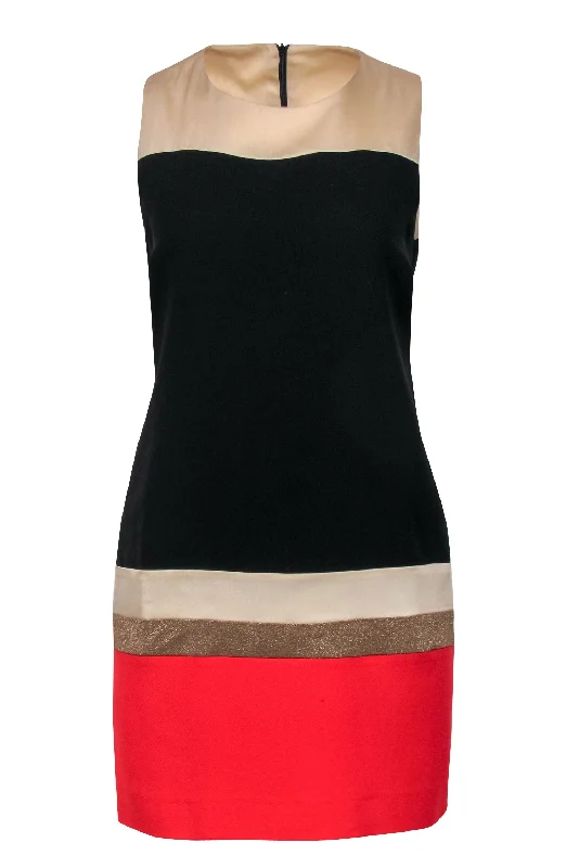 Sandro - Black, Beige, Red & Gold Colorblocked Sleeveless Shift Dress Sz 2 Unique unclassified dresses