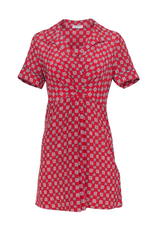 Sandro - Red Patterned Silk Collar A-Line Dress Sz 4 Anniversary unclassified dresses