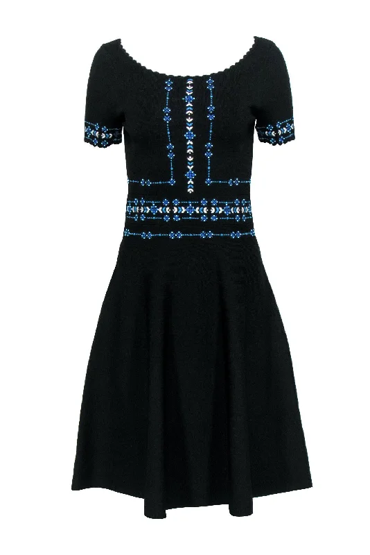 Sandro - Black A-Line Dress w/ Blue Embroidery Sz 6 Breathable unclassified dresses