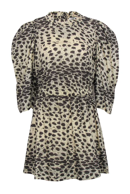 Sea NY - Beige & Black Leopard Print Puff Sleeve Ruffle Fit & Flare Dress Sz 8 Elegant evening unclassified dresses