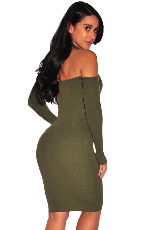 Army Green Knit Ribbed Choker Off Shoulder Dress Lightweight unclassified dresses