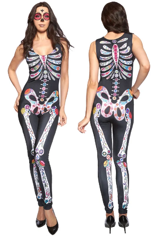 Sexy Sugar Skull Adult Womens Halloween Catsuit Costume Beaded unclassified dresses