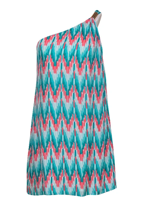 Shoshanna - Turquoise & Pink Abstract Print One Shoulder Shift Dress Sz 8 One-shoulder unclassified dresses