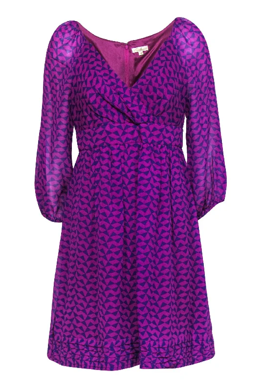 Shoshanna - Purple Geometric Empire Waist Dress w/ Puff Sleeves Sz 8 Off-shoulder unclassified dresses