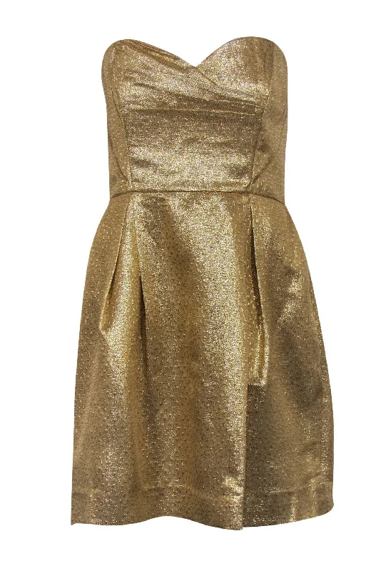 Shoshanna - Gold Sparkly Textured Pleated Strapless Sheath Dress Sz 8 Fall unclassified dresses