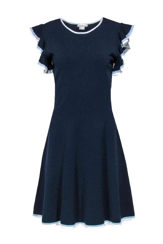 Shoshanna - Navy Knit Ruffled Sleeve Dress w/ Piping Sz L Spring unclassified dresses