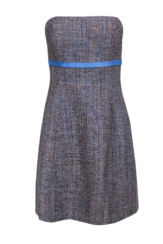 Shoshanna - Blue & Brown Tweed Strapless Silk A-Line Dress Sz 4 Beaded unclassified dresses