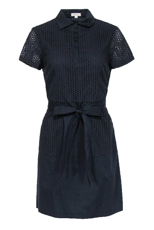 Shoshanna - Navy Cotton Collared Fit & Flare Eyelet Dress Sz 6 High-end unclassified dresses