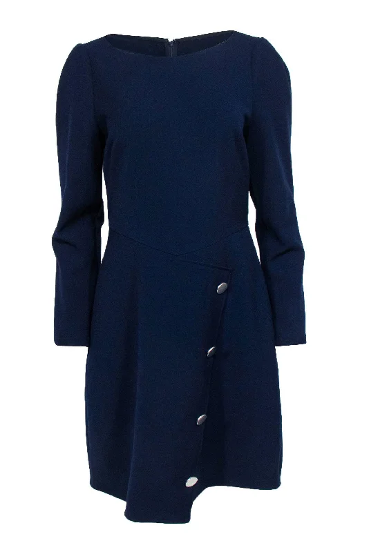 Shoshanna - Navy Puffed Shoulder Dress w/ Front Gold Buttons Sz 8 Discounted unclassified dresses