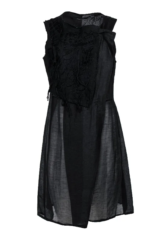 Nuovo Borgo - Black Woven Wrap Patchwork Dress w/ Yarn Embroidery Sz M Beaded unclassified dresses