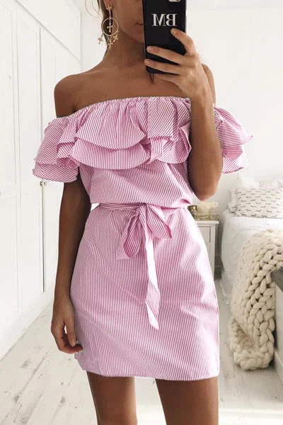 Stripe Off Shoulder Belted Flounced Dress Off-shoulder unclassified dresses