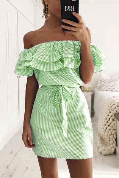 Stripe Off Shoulder Belted Flounced Dress High-low unclassified dresses