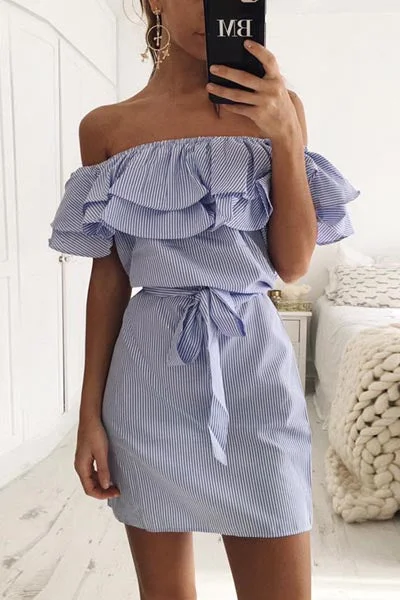 Stripe Off Shoulder Belted Flounced Dress Open-back unclassified dresses