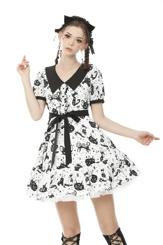 Stylish Cat Print Dress with Black Ribbon Detail Printed unclassified dresses