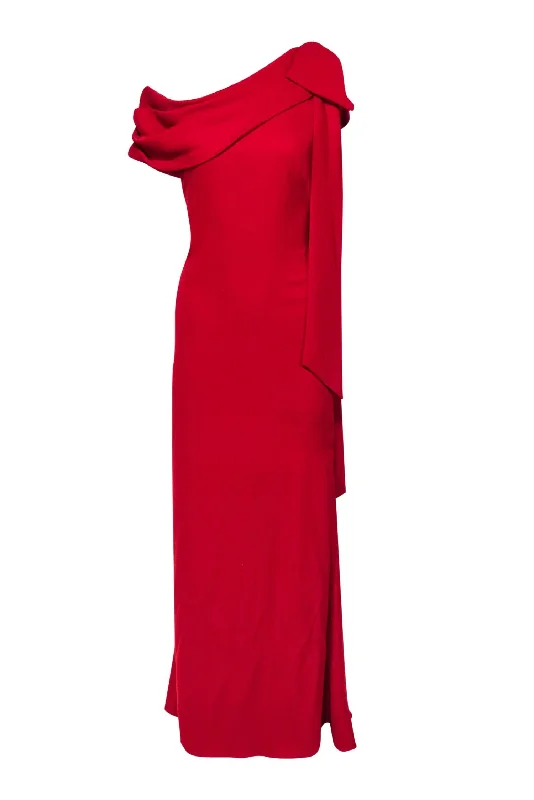 Tadashi Shoji - Red One-Shouldered Draped Gown w/ Bow Sz 10 Designer unclassified dresses