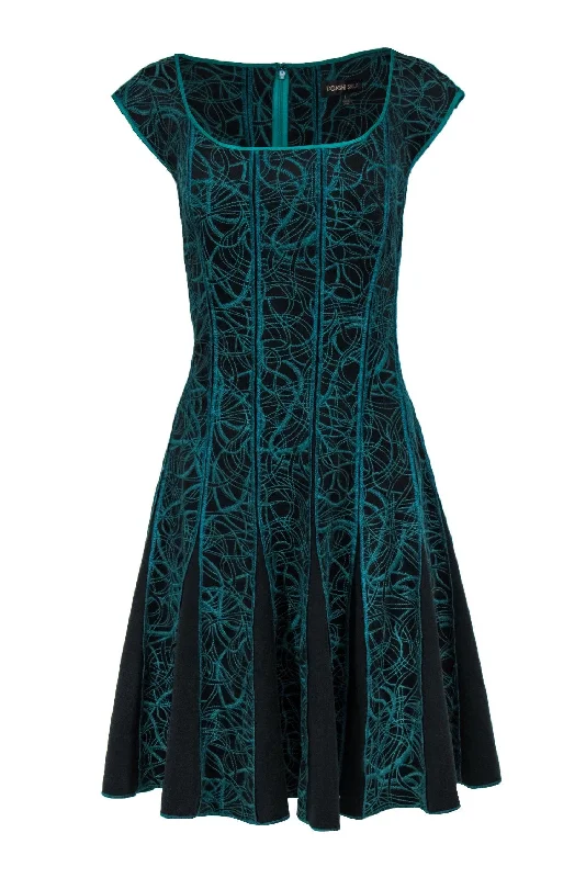 Tadashi Shoji - Emerald Green & Black Swirly Embroidered Cap Sleeve A-Line Dress Sz L Chic unclassified dresses