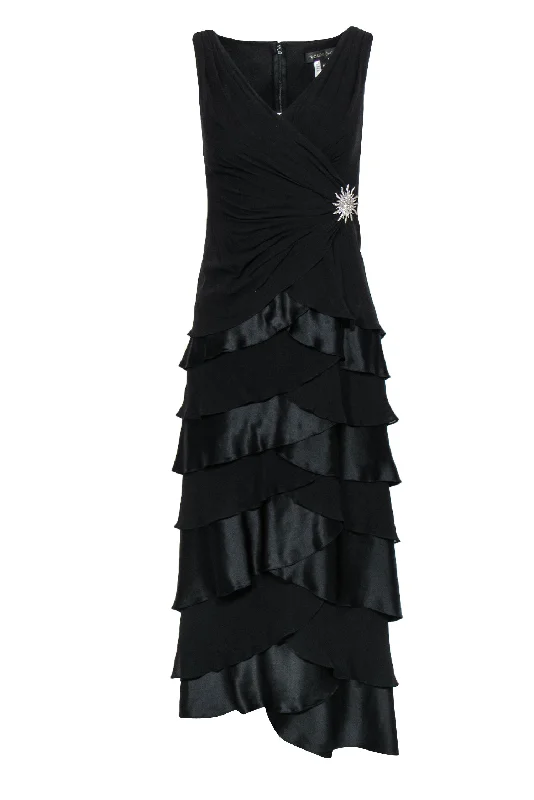 Tadashi Shoji - Black Tiered Silk Gown w/ Rhinestone Brooch Sz 4P Wedding guest unclassified dresses