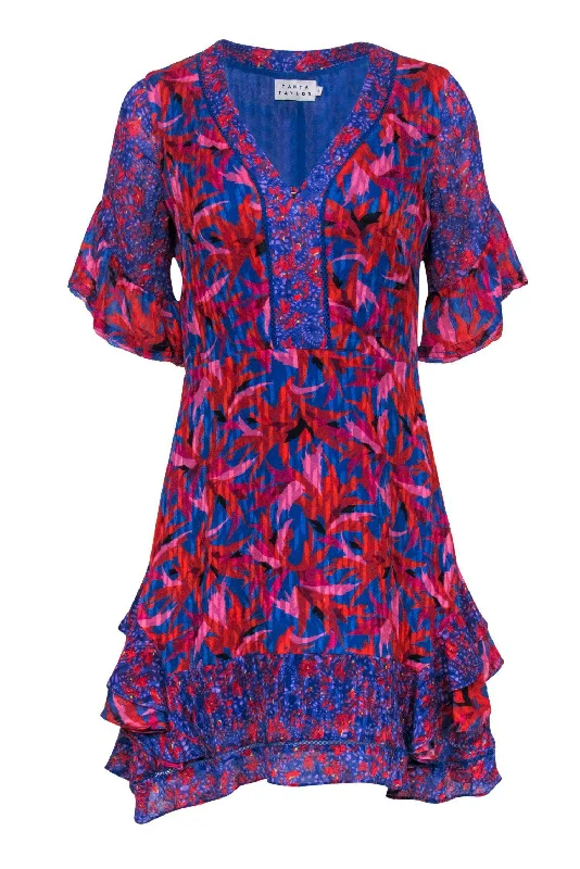 Tanya Taylor - Red & Blue Leaf Printed Silk Blend Dress Sz 2 Polka dot unclassified dresses