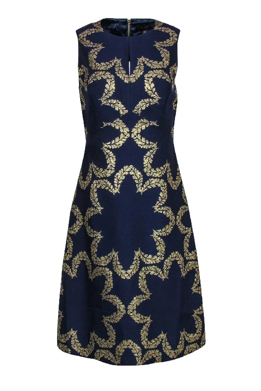 Ted Baker - Navy & Gold Laurel Patterned A-Line Dress Sz 4 Minimalist unclassified dresses