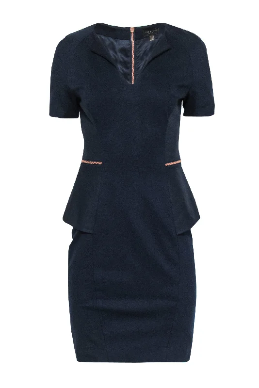 Ted Baker - Navy Peplum Sheath Dress w/ Rose Gold Zippers Sz 6 Short unclassified dresses