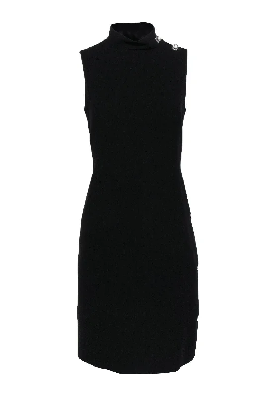 Teri Jon - Black Mock Neck Shift Dress w/ Rhinestone Buttons Sz 8 Minimalist unclassified dresses