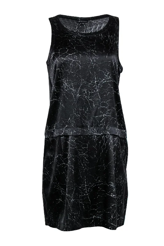 Theory - Black Lightning Flash Printed Satin Shift Dress Sz 10 Metallic unclassified dresses