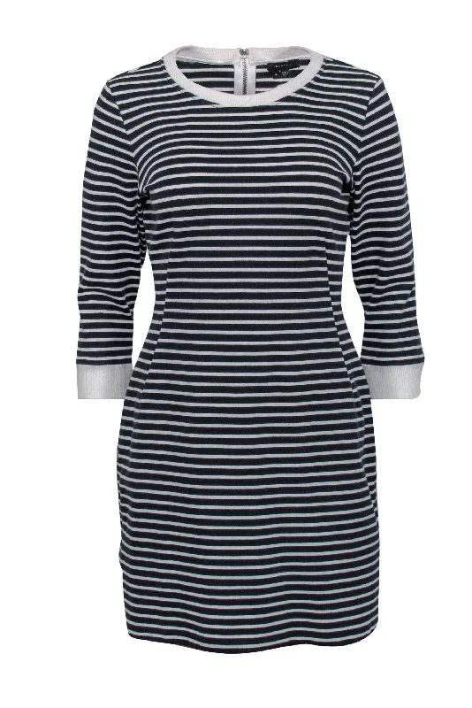 Theory - Navy & White Striped Quarter Sleeve Shift Dress Sz 10 Neutral tone unclassified dresses