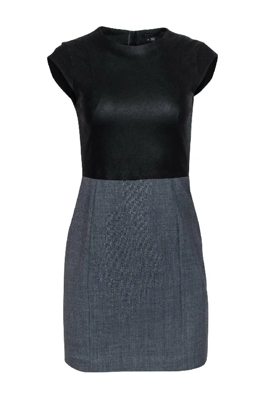 Theory - Black Leather & Gray Cap Sleeve Sheath Dress Sz 2 Mesh unclassified dresses