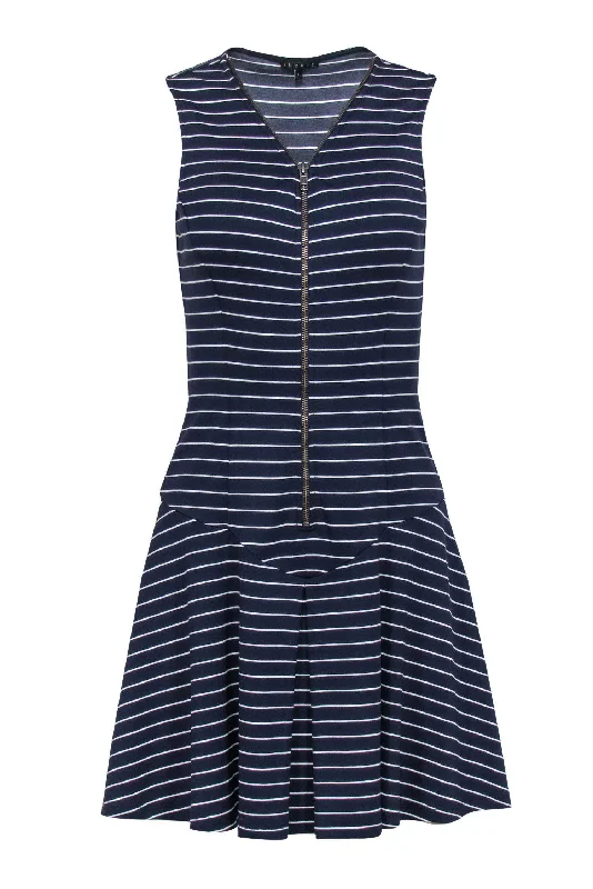 Theory - Navy & White Striped Drop-Waist Pleated Dress Sz 4 Sexy unclassified dresses