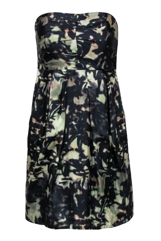 Theory - Green & Black Abstract Printed Satin Strapless Dress Sz 4 Floral unclassified dresses