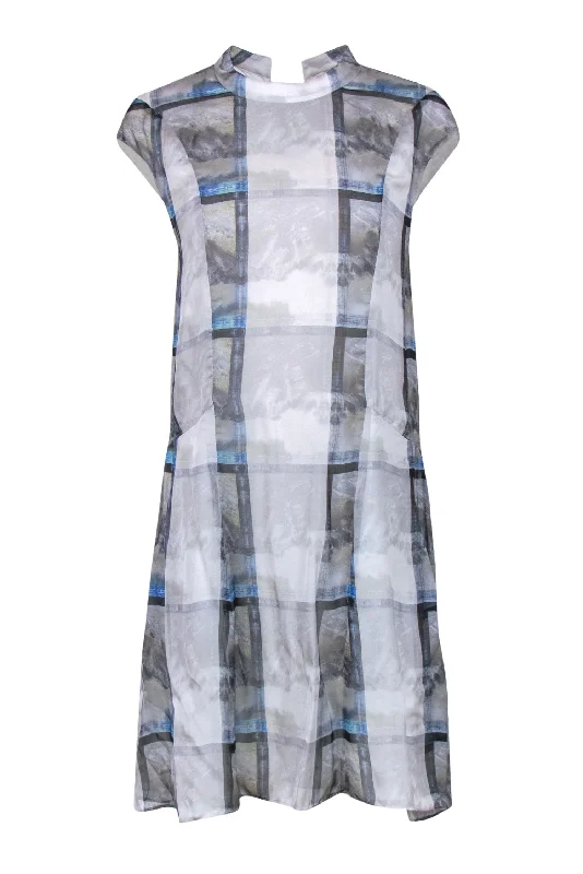 Theyskens' Theory - Grey, Blue & Green Grid Print Cap Sleeve Silk Shift Dress Sz 6 One-shoulder unclassified dresses