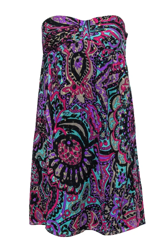 Tibi - Blue & Multicolored Metallic Bohemian Print Strapless Empire Waist Dress Sz 2 Anniversary unclassified dresses