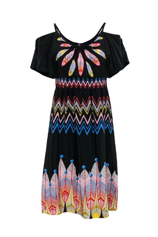 Tibi - Black Cold Shoulder Feather & Chevron Printed Dress Sz S Luxury unclassified dresses