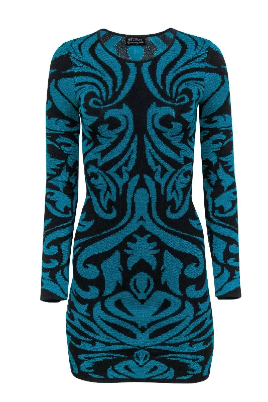 Torn by Ronny Kobo - Teal & Black Scrolled Patterned Bandage Dress Sz S Lightweight unclassified dresses