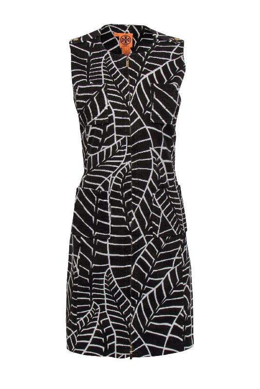 Tory Burch - Brown & White Leaf Print Zip-Up Corduroy Shift Dress Sz 10 Comfortable unclassified dresses