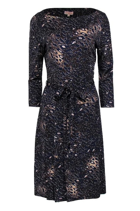 Tory Burch - Brown & Navy Leopard Print Belted Drop Waist Dress Sz L High-low unclassified dresses