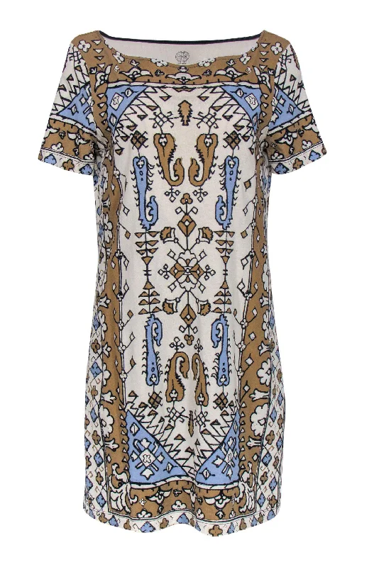 Tory Burch - Cream, Tan & Blue Boho Print Cotton Shift Dress Sz M Unique unclassified dresses